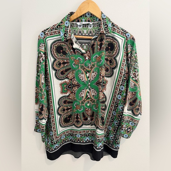 Zara Tops - Zara Green Paisley Shirt Button Down Scarf Print Blouse Luxe Boho luxury | M